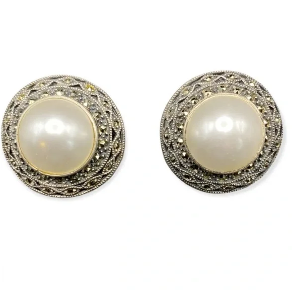 Judith Jack Sterling w/Marcasite and Faux Pearl Earrings - Picture 6 of 11